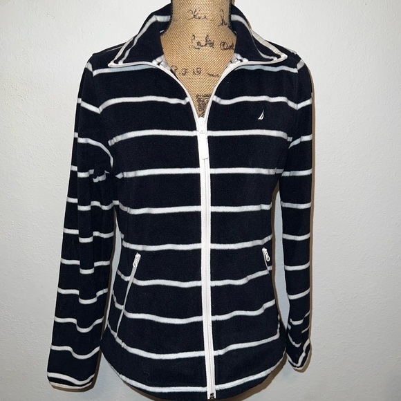 Nautica Jackets & Blazers - Nautica Black/White Striped Full-Zip Lightweight Fleece Jacket Womens Size M